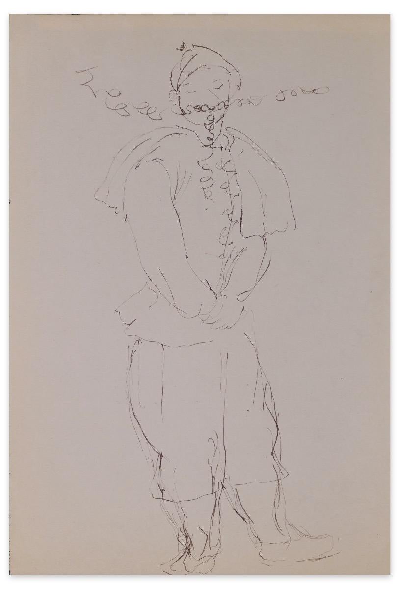 Louis Touchagues Figurative Art - Costumed Character - Original Ink Drawing on Paper - Mid-20th Century