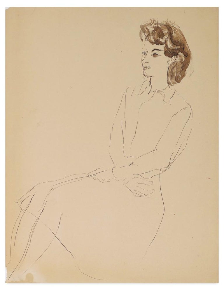 Louis Touchagues - Femme Assise en Robe - Original Ink and Watercolor by L.  Touchagues - Early 1900 For Sale at 1stDibs