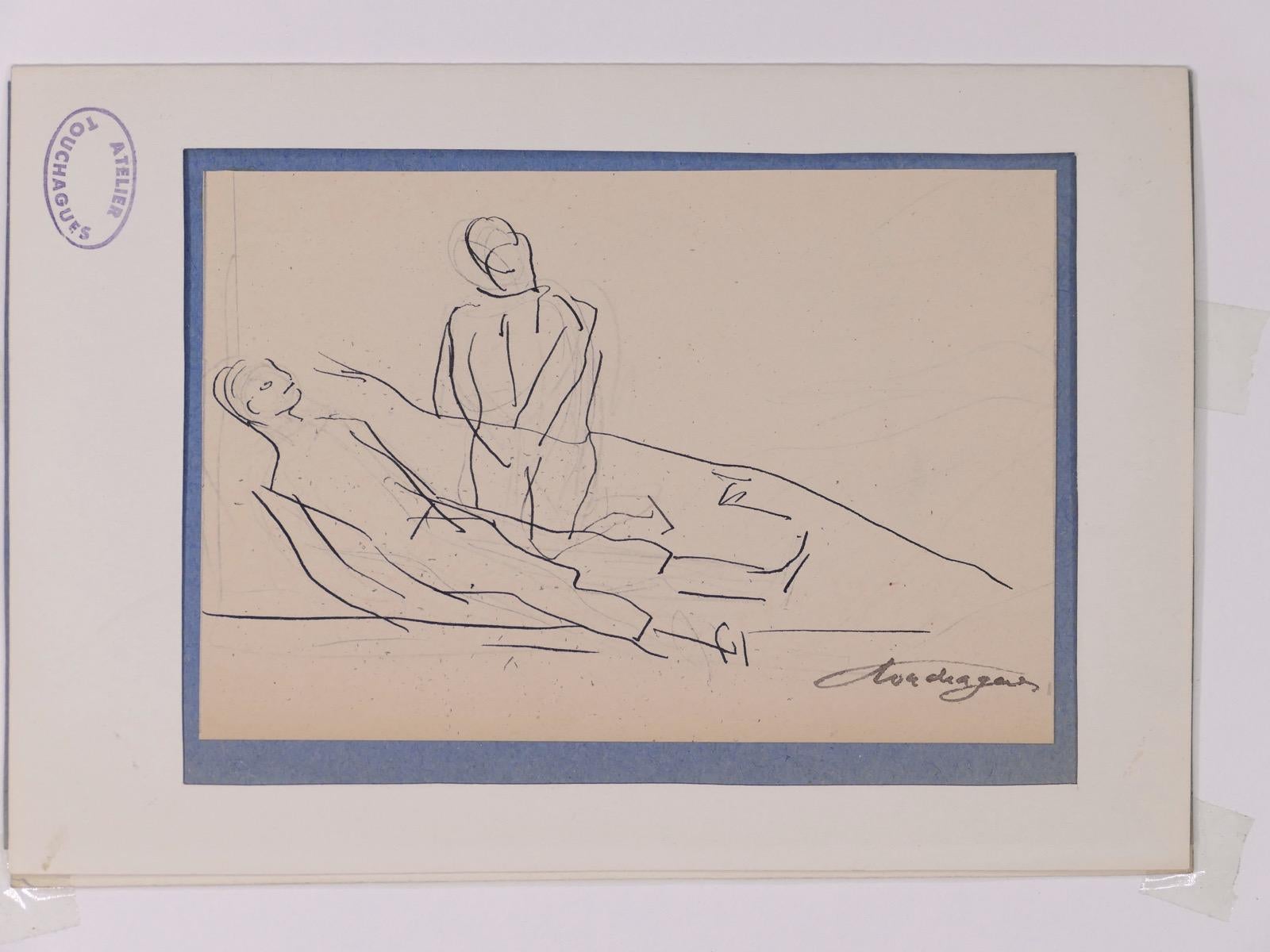 Louis Touchagues Figurative Art - Man Lying and Standing - Original Ink by L. Touchagues - Early 20th Century