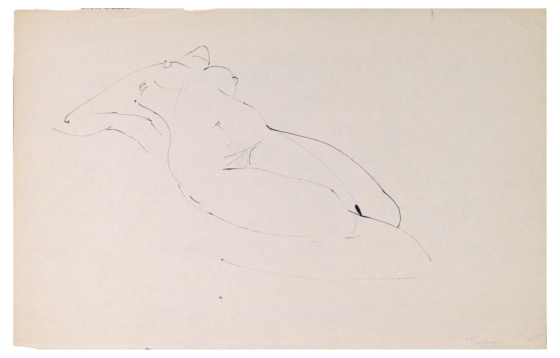 Femme nue allongée - Œuvre d'art originale de Louis Touchagues - milieu du 20e siècle