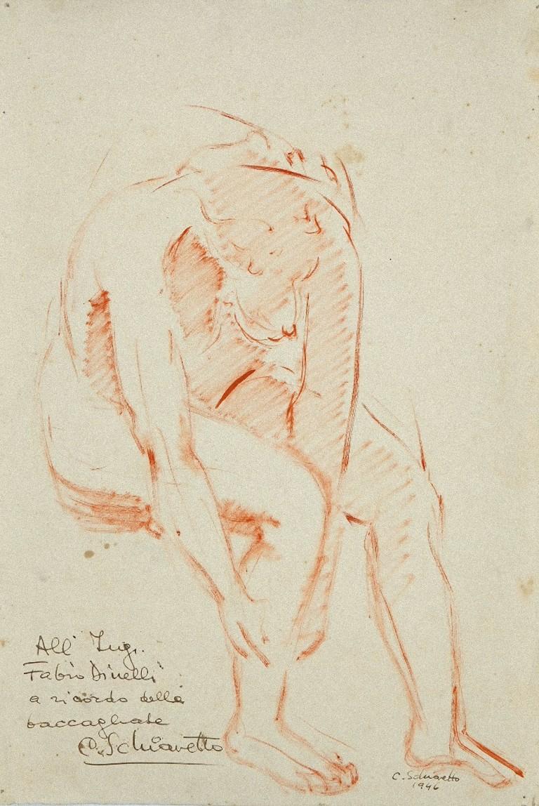 Unknown Figurative Art - Anatomical Study - Oil Pastel Drawing on Paper signed "Schiavetto"-1946