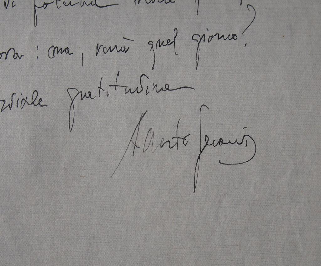 Es handelt sich um einen vom italienischen Künstler Alberto Gerardi unterzeichneten Dankesbrief an die Gräfin Pecci-Blunt.

Rom, 6. April. Um 1938. Eine Seite, einseitig. Auf Italienisch. Ausgezeichneter Zustand. Perfekt lesbar dank einer eleganten