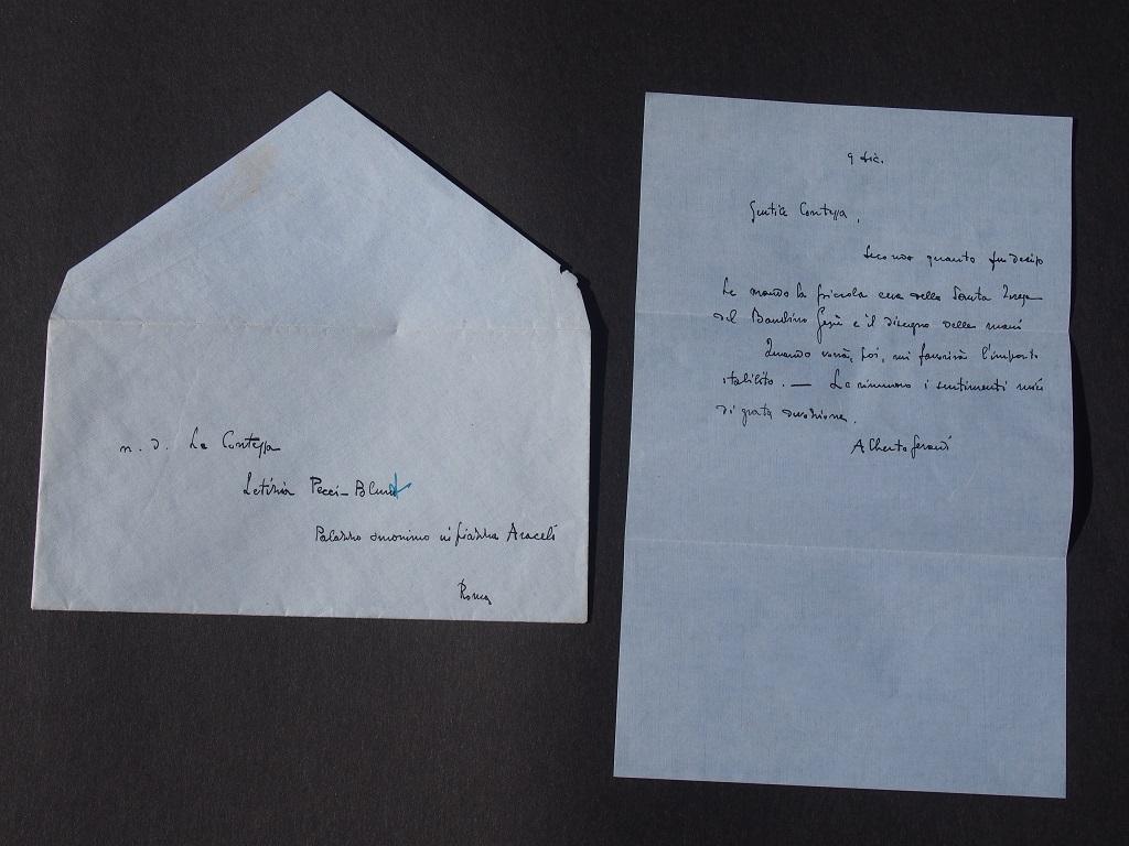 Dies ist ein Autogramm Brief von Alberto Gerardi an die Gräfin Pecci-Blunt unterzeichnet.

Rom, 9. Dezember (1939-40). Eine Seite, einseitig. Auf Italienisch. Ausgezeichneter Zustand, einschließlich Originalumschlag. Perfekt lesbar dank einer