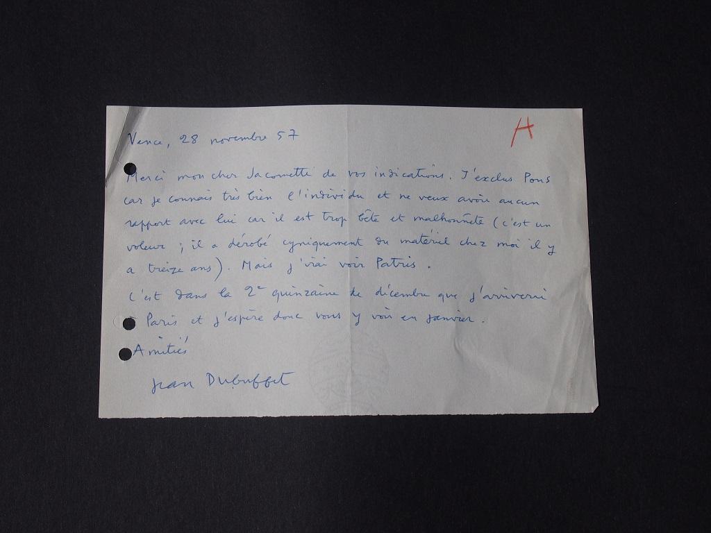 Dies ist ein Autogramm Brief von Jean Dubuffet unterzeichnet und an Nesto Jacometti.

Vence, 28. November 1957. Eine Seite, einseitig. Auf Papier mit Wasserzeichen. In Französisch. Ausgezeichneter Zustand, mit zwei Löchern für die Archivierung.

Ein