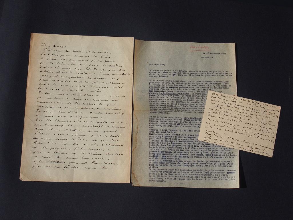This Correspondance between Max Gubler and Nesto Jacometti, written in 1949, in French, is in excellent conditions and includes 3 items:

Autograph Letter Signed by Max Gubler. Not dated. One page, double-sided, Signed "Max".
Typewritten Letter