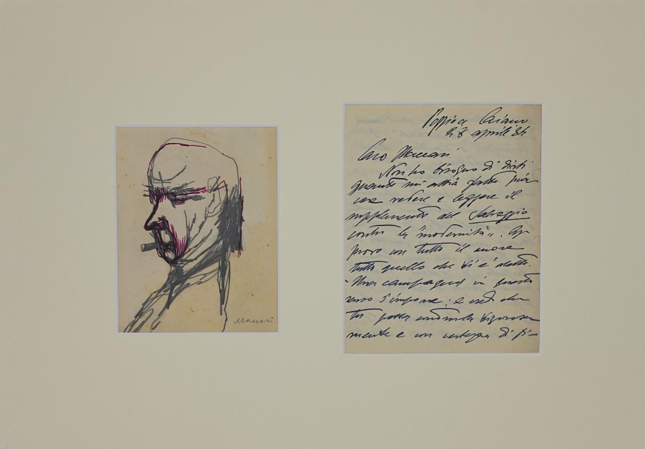 This unique set includes a manuscript letter written by Ardengo Soffici to the artist Mino Maccari and his portrait realized by the same Maccari.

Autograph Letter Signed. Aprile, 28th 1934. One page, single-sided.

The drawing shows little foxings
