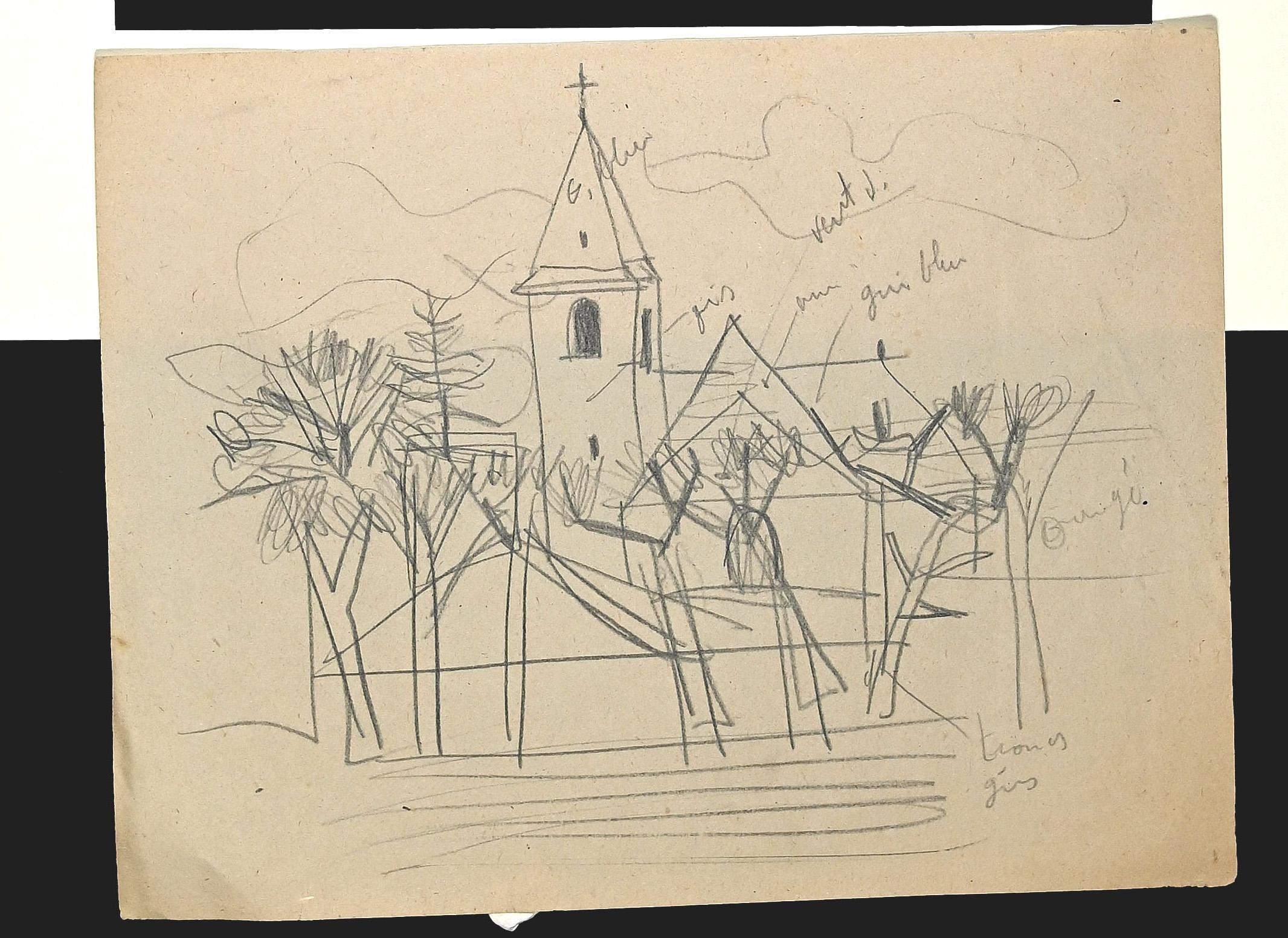 French Church - Original Pencil Drawing - 1950s - Art by Unknown