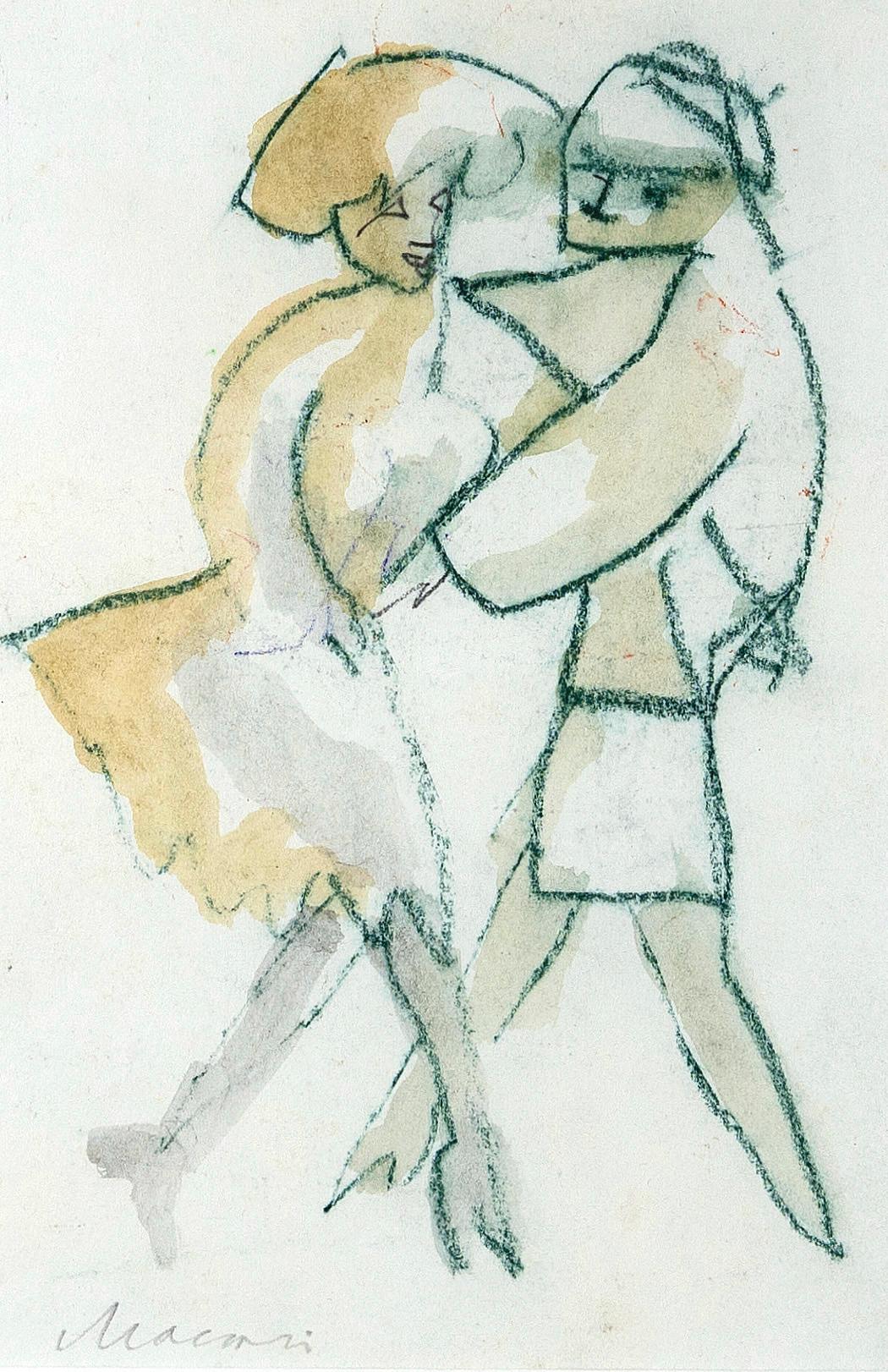Dancers is an original modern artwork realized in the early 1980s by the Italian artist Mino Maccari (Siena, 1898 - Rome, 1989).

Original Colored Watercolors and oil pastels on Paper.

Hand-signed in pencil by the artist on the lower margin: