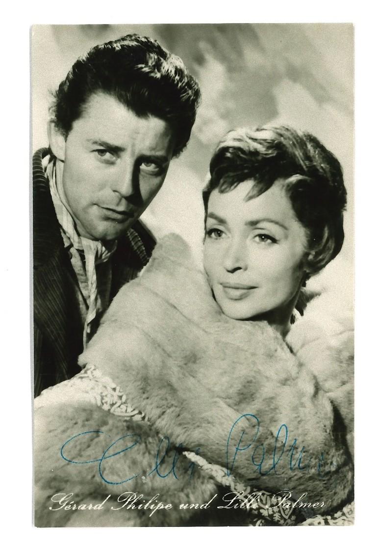 Autographisches Porträt von Grard Philipe und Lilli Palmer - b/w Postcard - 1960er Jahre