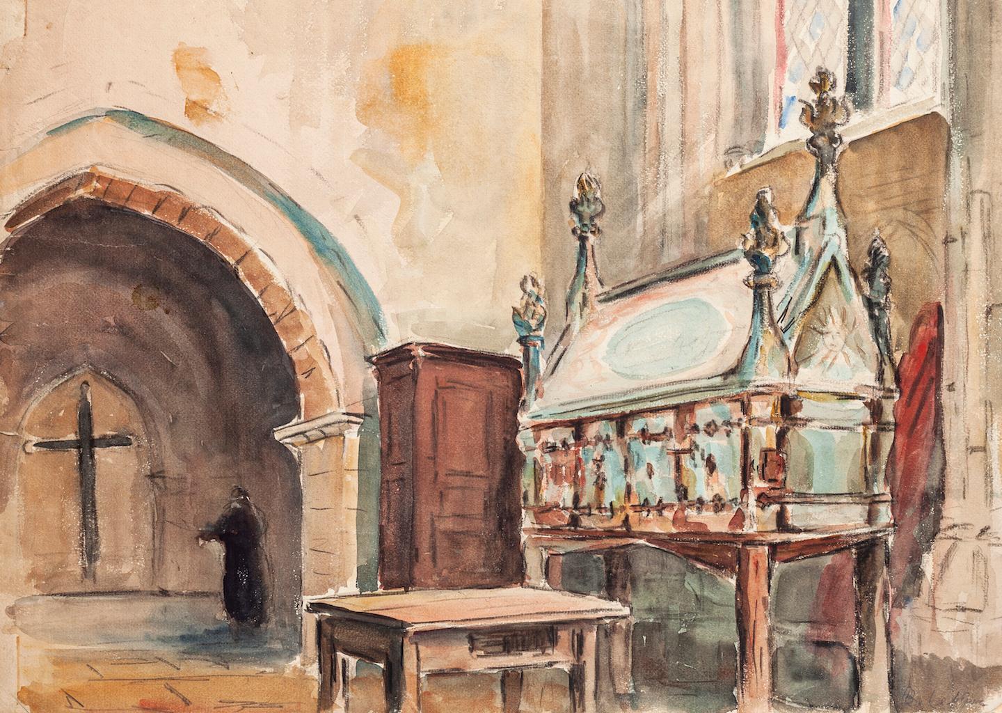 Jules Rene Leblanc Interior Art - Church Interior - Ink and Watercolor by J. R. Leblanc - Early 20th Century