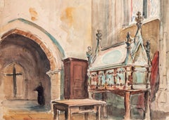 Church Interior - Ink and Watercolor by J. R. Leblanc - Early 20th Century