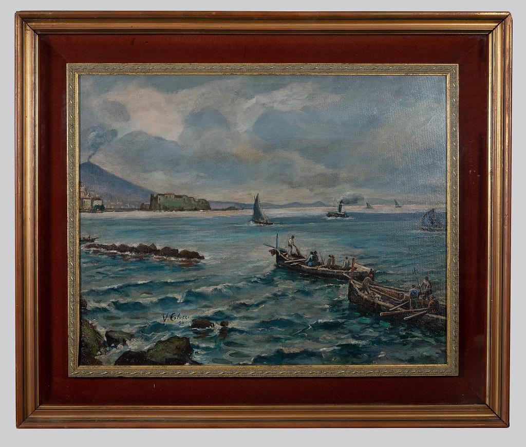 Peinture à l'huile de V. Colucci - pêche sur des bateaux à la pêche à Naples - milieu du 20e siècle