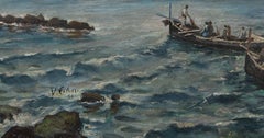 Boats Fishing in the Naples - Oil Painting by V. Colucci - Mid-20th Century