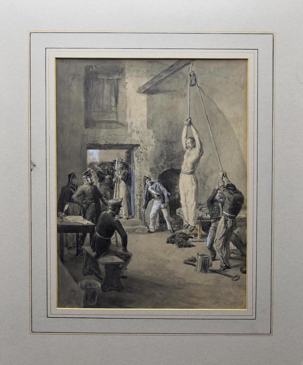 Edoardo Matania Figurative Art - Garibaldi Tortured in South America - Ink and Tempera by E. Matania-20th Century