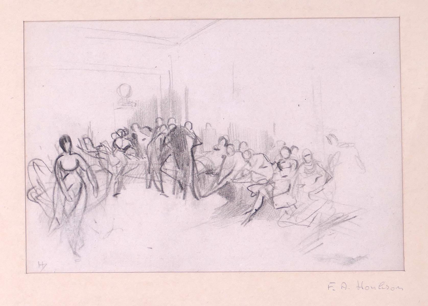 People in a room - Original Pencil by Tony Johannot - 19th Century
