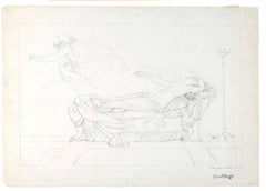Naked woman Lying stretching out her hand - Pencil by M. Mangin - 19th Century