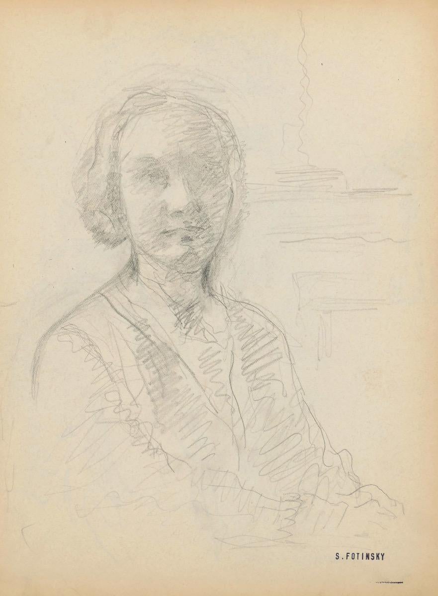 Retrato de mujer - Dibujo original a lápiz de S. Fontinsky - Mediados del siglo XX