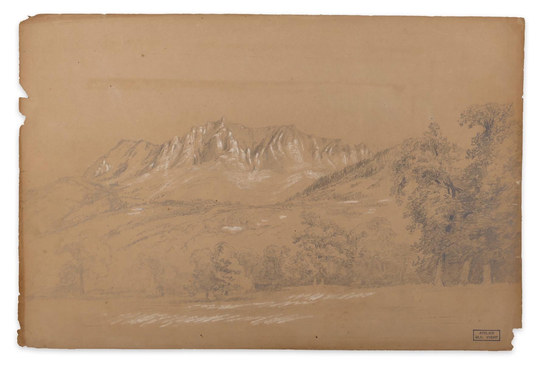 Alpine Landscape - Original Pencil Drawing by Marie Hector Yvert - 19th Century