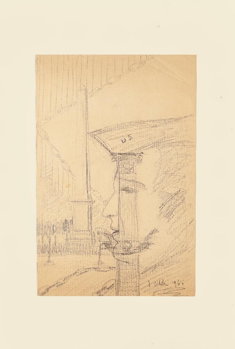Unknown Figurative Art - The Street - Original Drawing - 1945