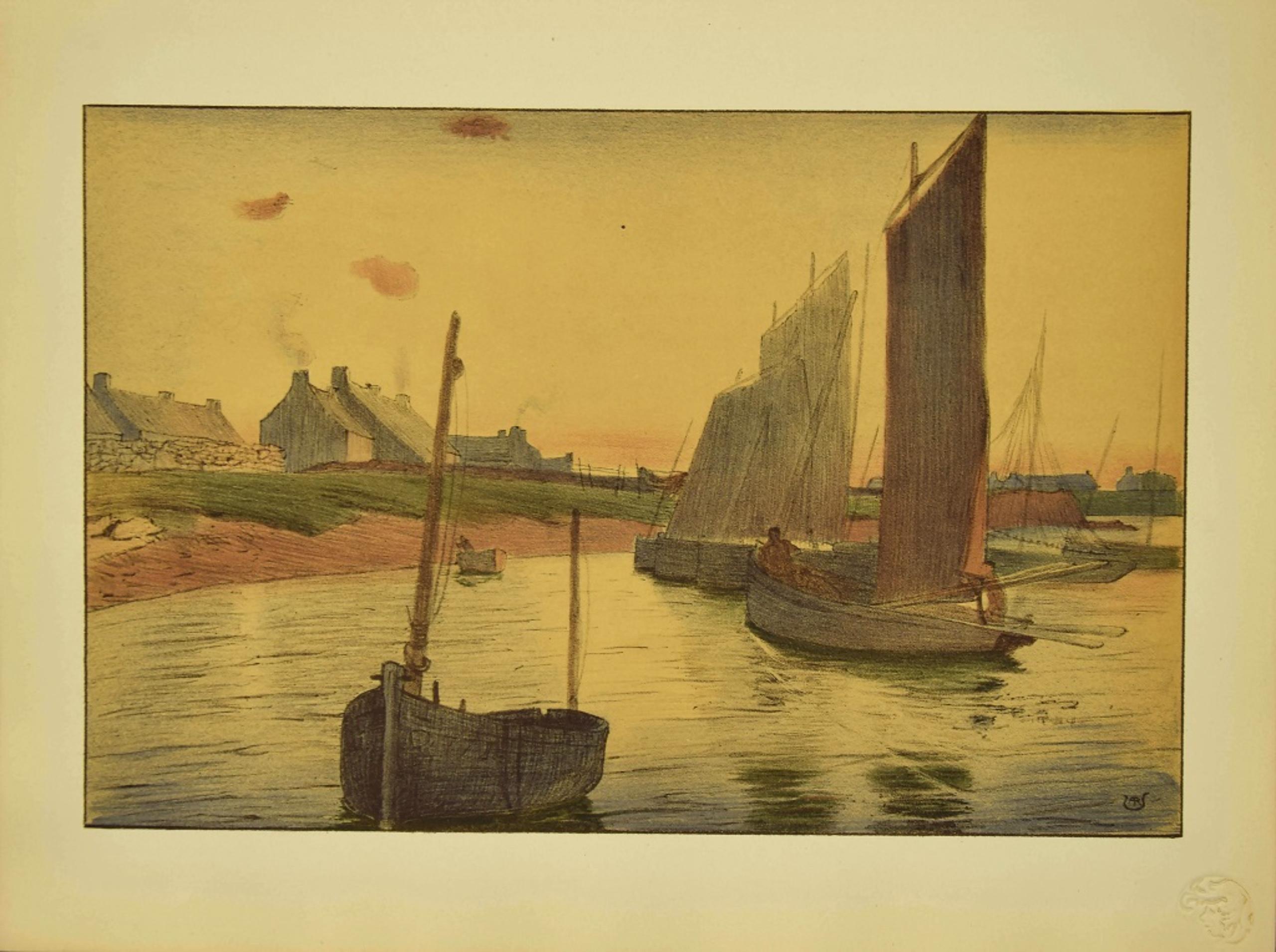 Raoul André Ulmann Figurative Print - Sadness on the sea - Original Lithograph by R. André Ulmann - 1898