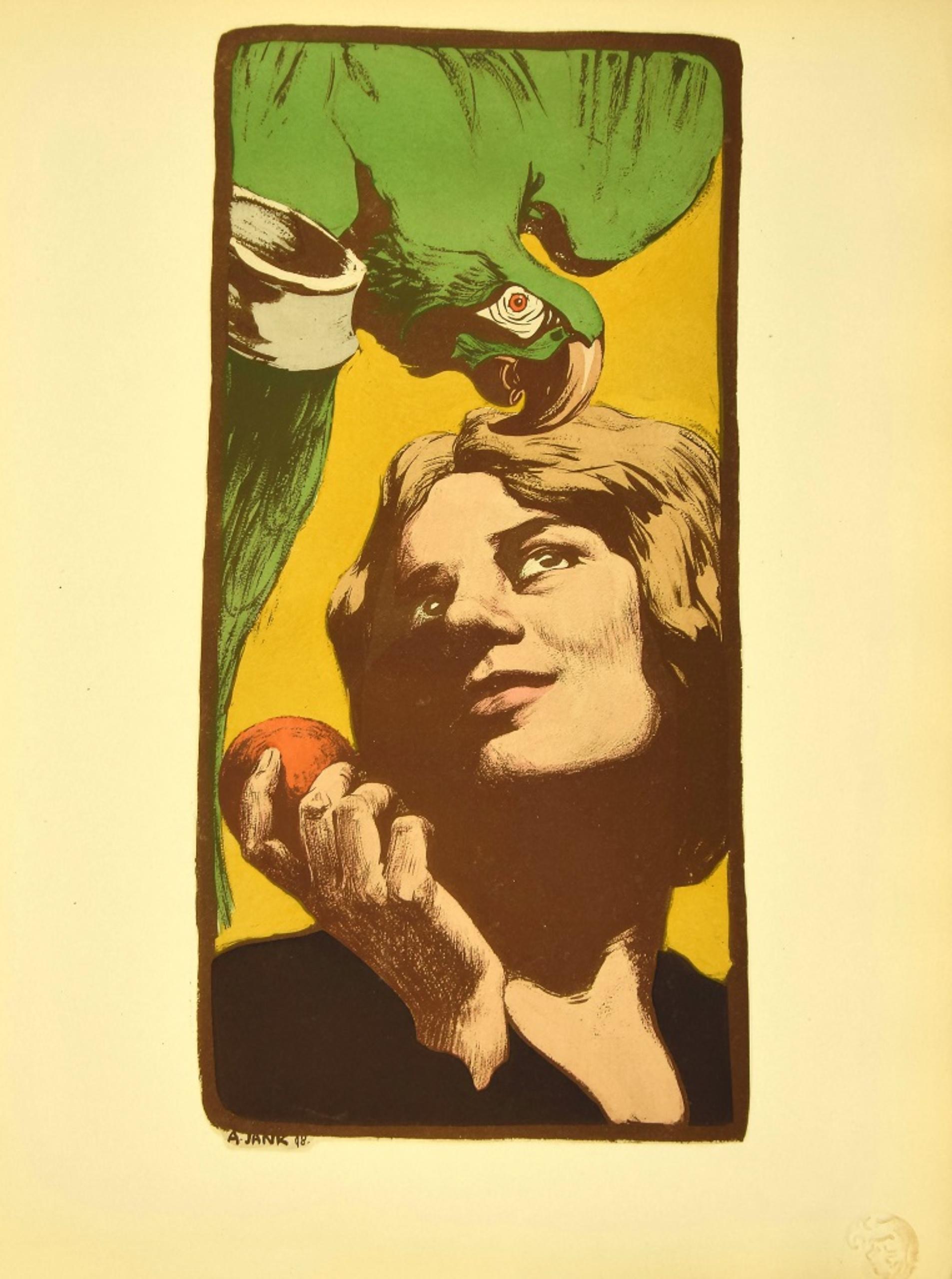 The Woman with the Parrot from L'Estampe Moderne is an original lithograph realized by A. Yank in 1898

The artwork is from the issue L'Estampe Moderne n.19, November 1898

Original title: La Femme au Perroquet

The print has the official dry stamp