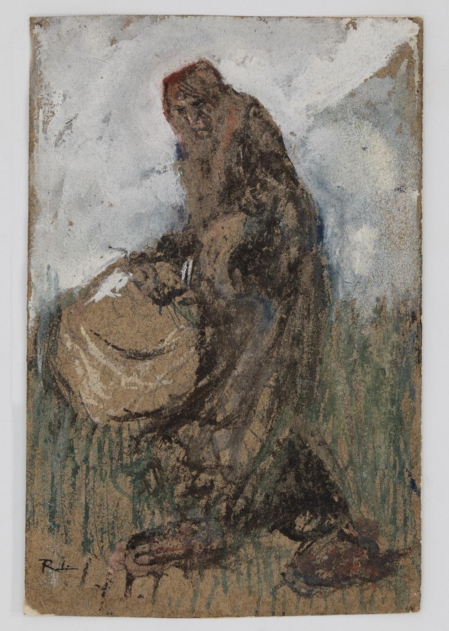 Gabriele Galantara Figurative Art - Woman with Basket - Original Ink, Tempera and Watercolor by G. Galantara - 1905