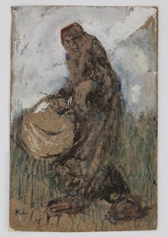 Donna con cesto - Originale a inchiostro, tempera e acquerello di G. Galantara - 1905