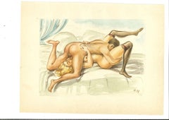 Vintage Erotic Scene - Original Ink and Watercolor - 1940