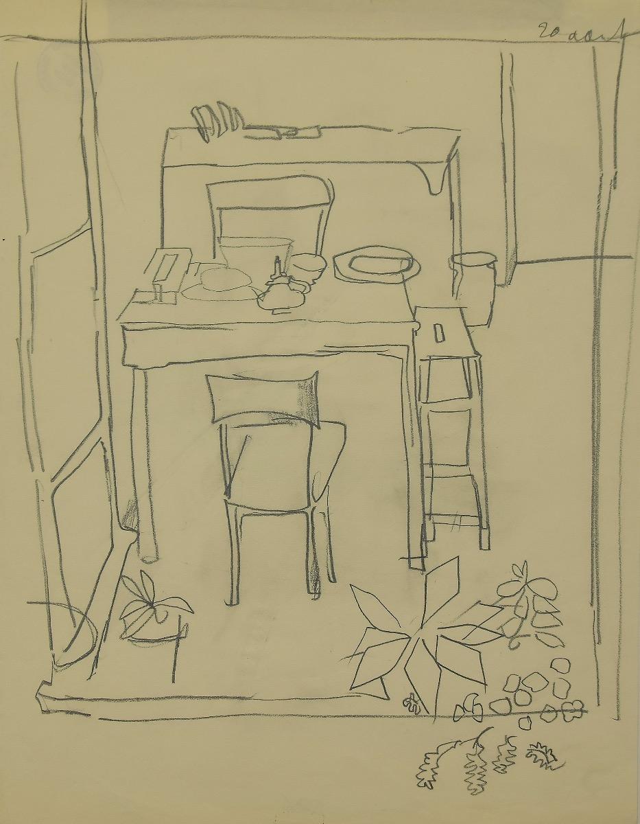 The Dining Table - Original Pencil Drawing by Herta Hausmann - Mid-20th Century