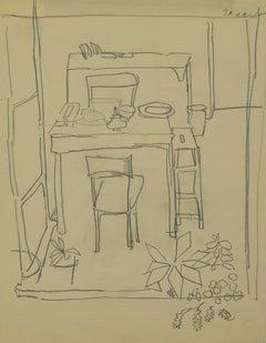 La table à manger - dessin original au crayon par Herta Hausmann - milieu du 20e siècle