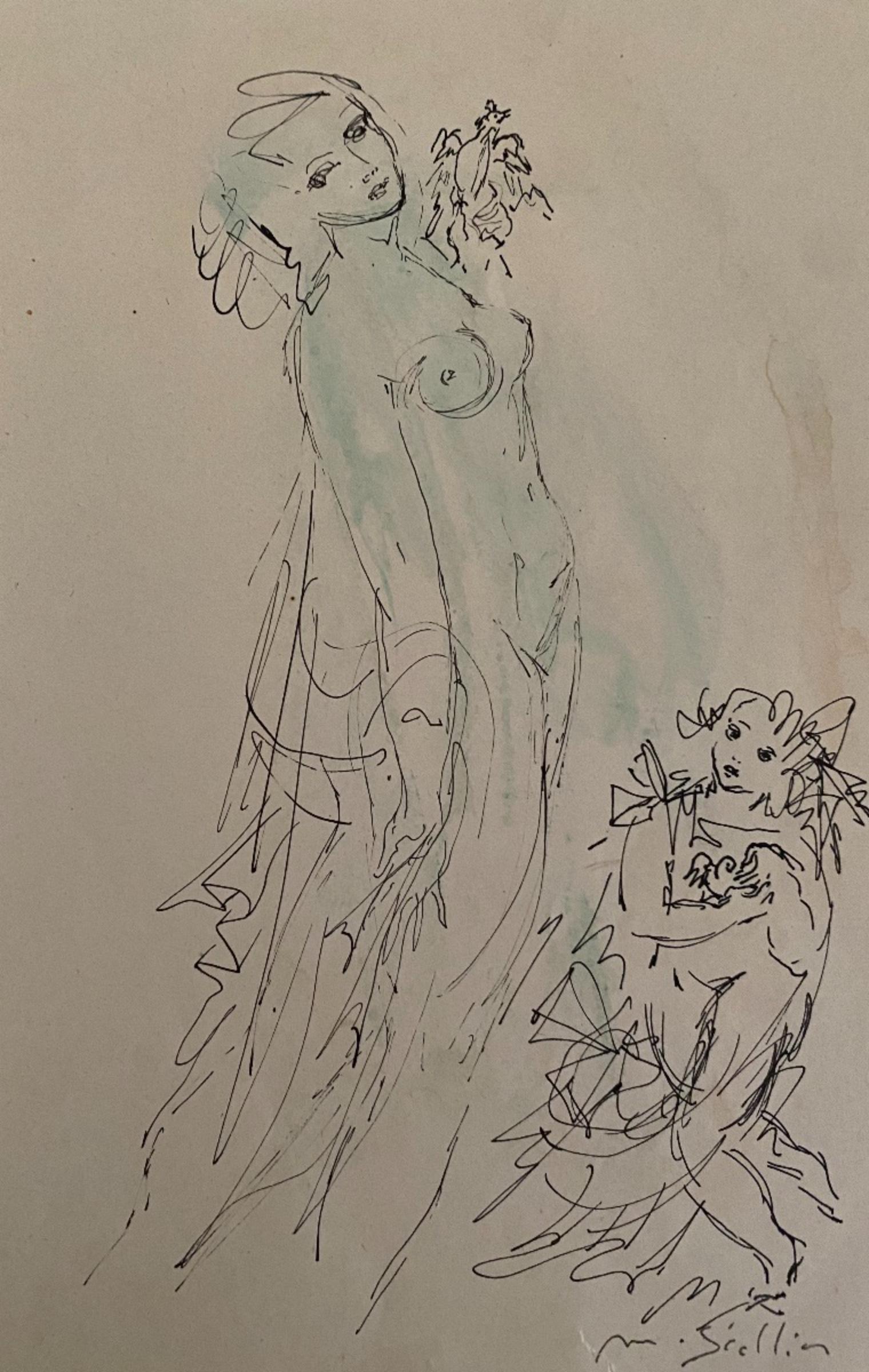 Figur – Original China-Tinte und Aquarell von Madeleine Scellier – 1955