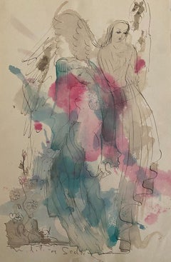 The Angels - Original China Ink and Watercolor by Madeleine Scellier - 1955