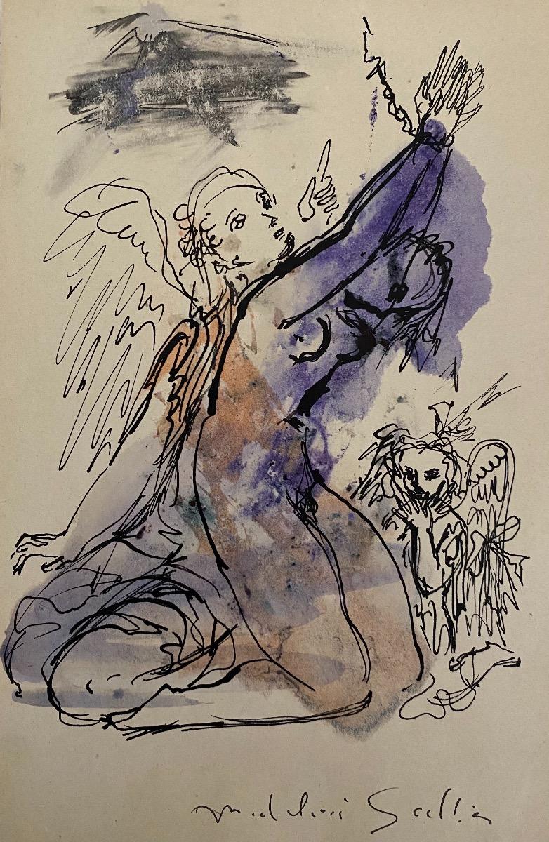 The Angels - Original China Ink and Watercolor by Madeleine Scellier - 1955