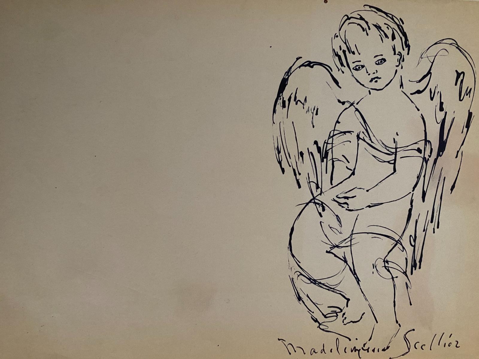 Die Engel sind eine Originalzeichnung der französischen Künstlerin Madeleine Scellier (1928) in Aquarelltinte auf elfenbeinfarbenem Papier.

Handsigniert mit Bleistift am unteren Rand.

Der Erhaltungszustand ist sehr gut.

Das Kunstwerk stellt das
