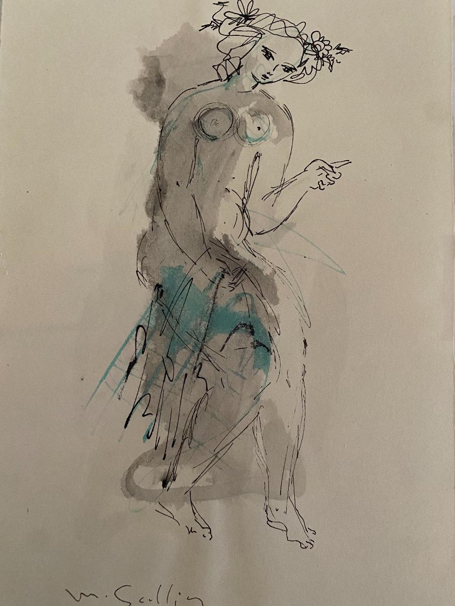 Figure is an original drawing in watercolored china ink on ivory-colored paper realized by the French artist Madeleine Scellier (1928).

Hand-signed in pencil on the lower margin.

The state of preservation is very good.

The artwork represents a