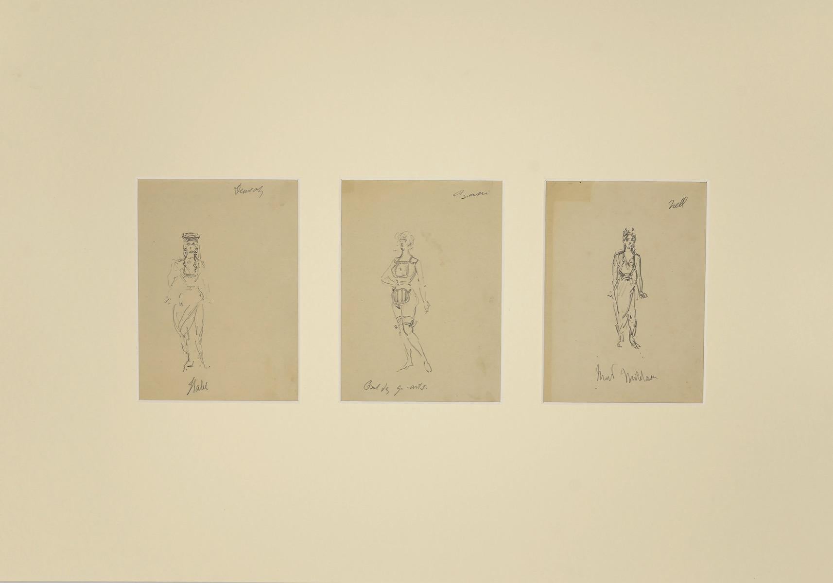 Unknown Figurative Art - Sketches for Theatrical Costumes - Original Pencil Drawing - 1880