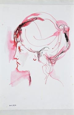 Retro Female Portrait- Ink and Watercolor Drawing  - 1960s