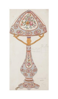Antique Porcelain Lamp - Original Watercolor and Ink drawing - 1880s