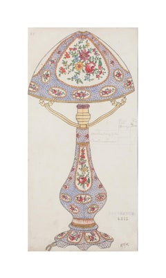 Antique Porcelain Lamp - Original Watercolor and Ink drawing - 1890s