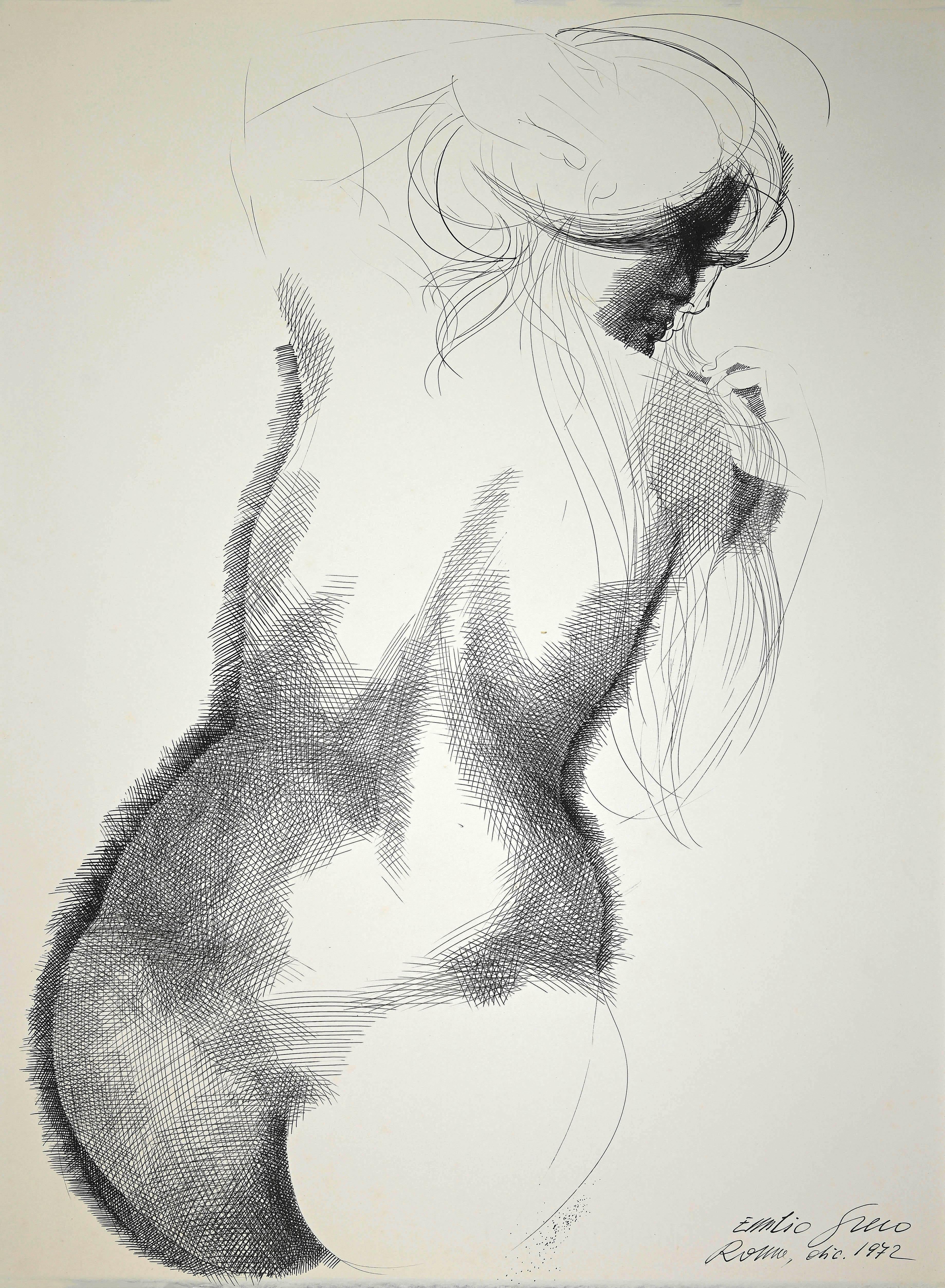 Nude from the Back - China Ink Drawing by E. Greco - 1972