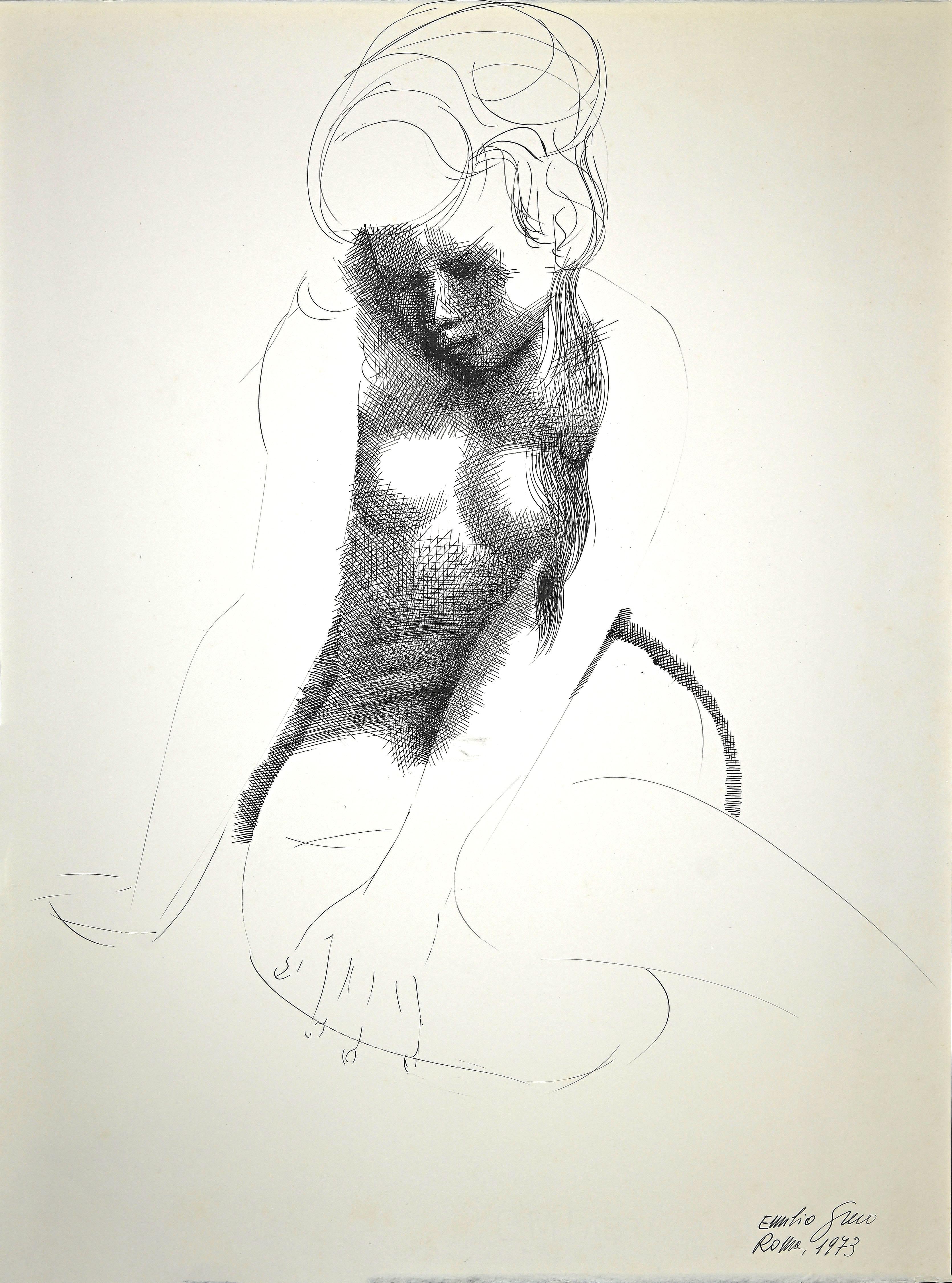 Nude of Woman - China Ink Drawing by E. Greco - 1973