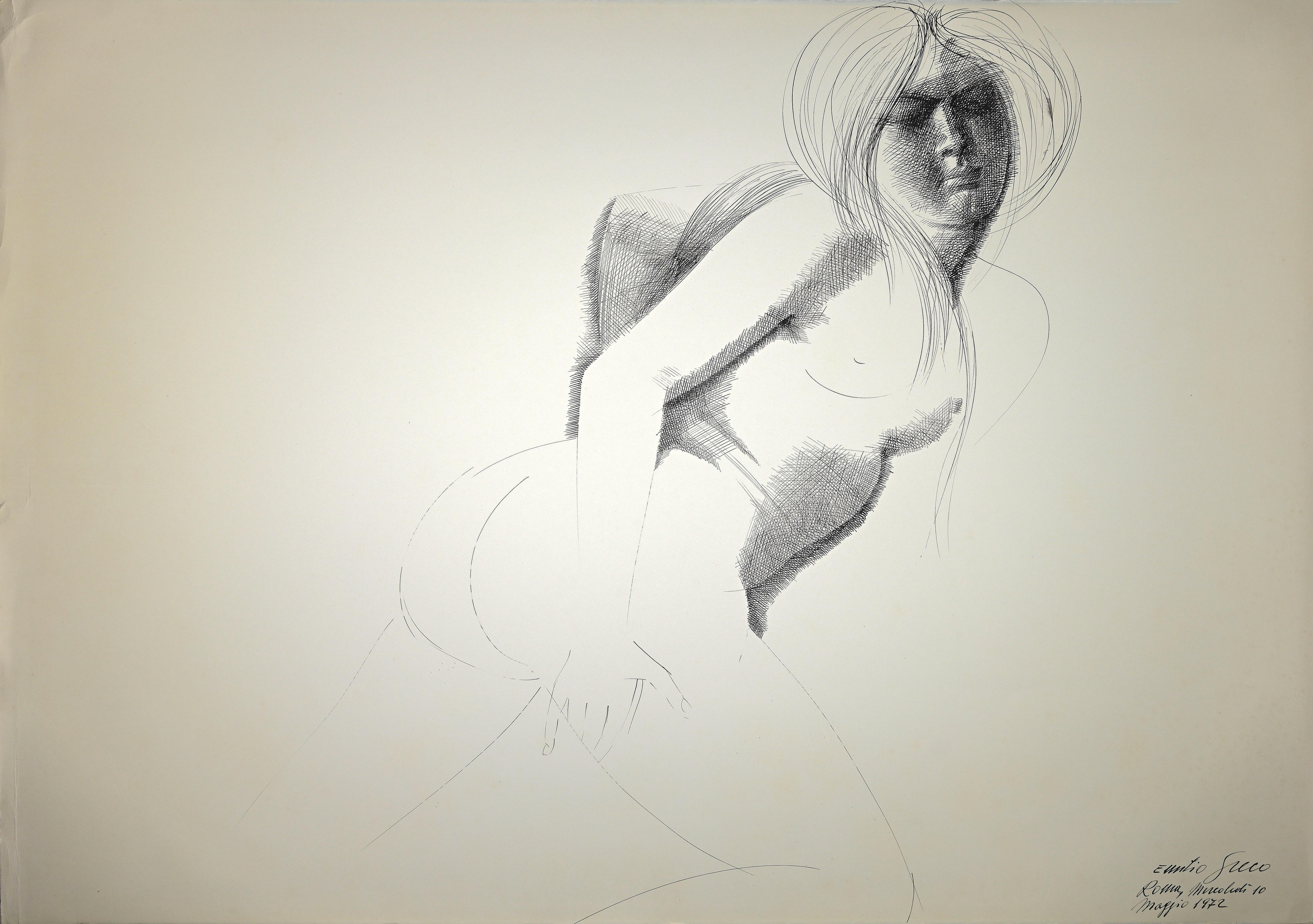 Emilio Greco Figurative Art - Nude - China Ink Drawing by E. Greco - 1972