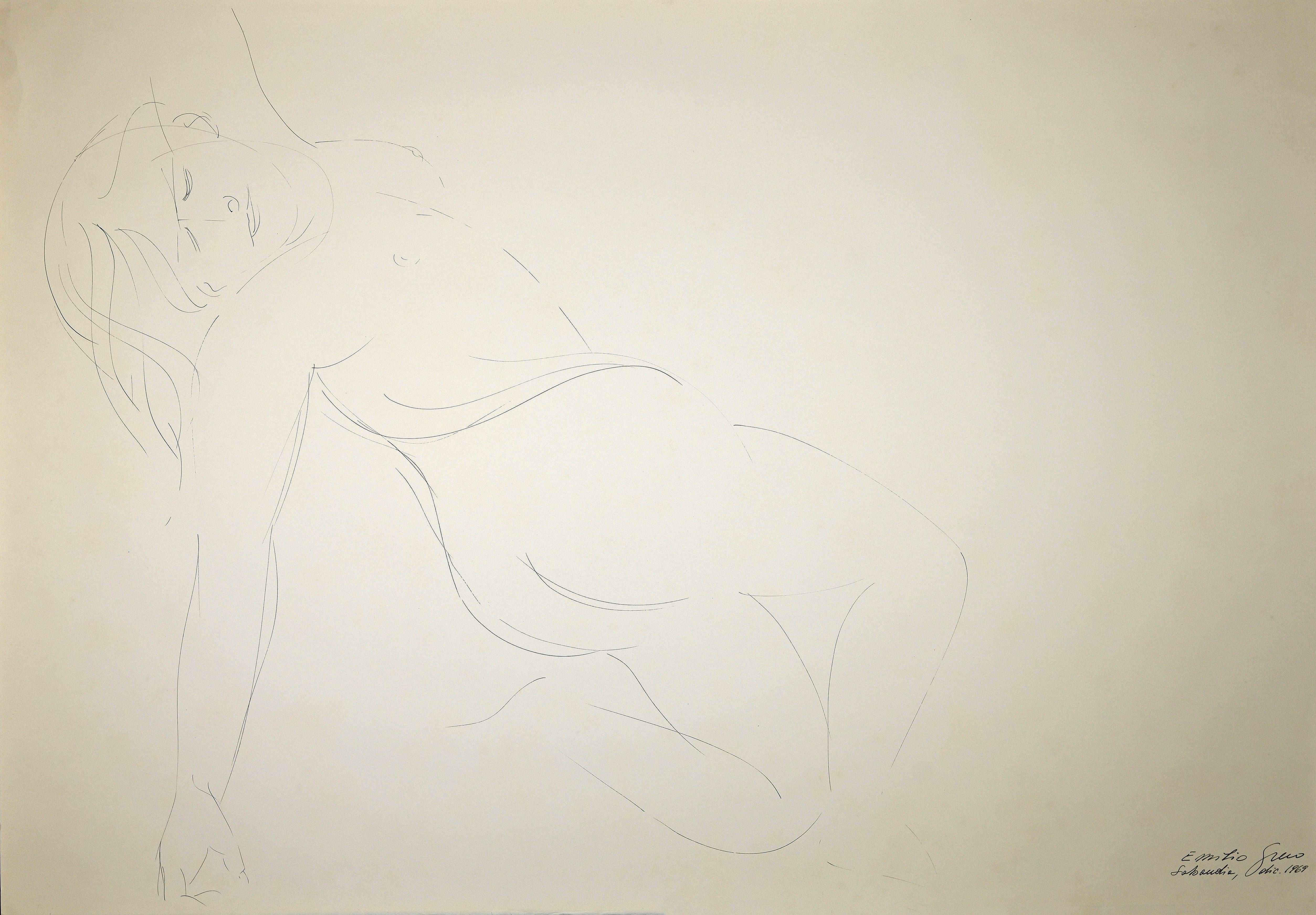 Nude Emilio Greco - Nu Lying - Dessin original à l'encre de Chine par E. Greco - 1969