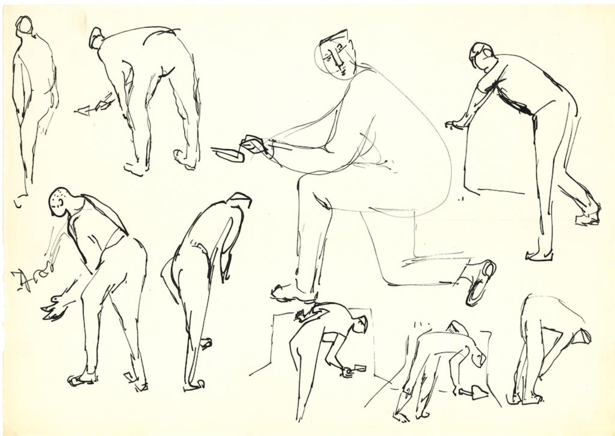Figures - Labor Study is a drawing in China ink on paper, realized by Herta Hausmann.

Atelier stamp on the lower left corner on the rear.

Very good conditions.

The artwork represents figures in various labor, through deft strokes, movement and