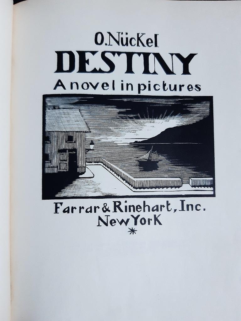 Destiny ist ein modernes, seltenes Originalbuch mit Original-Holzschnitten von Otto Nückel  (Köln, 1888 - Köln, 1955).

Veröffentlicht von Farrar & Rinehart, New York, 1930.

Erste amerikanische Originalausgabe.

Format: klein  8°.

Das Buch umfasst