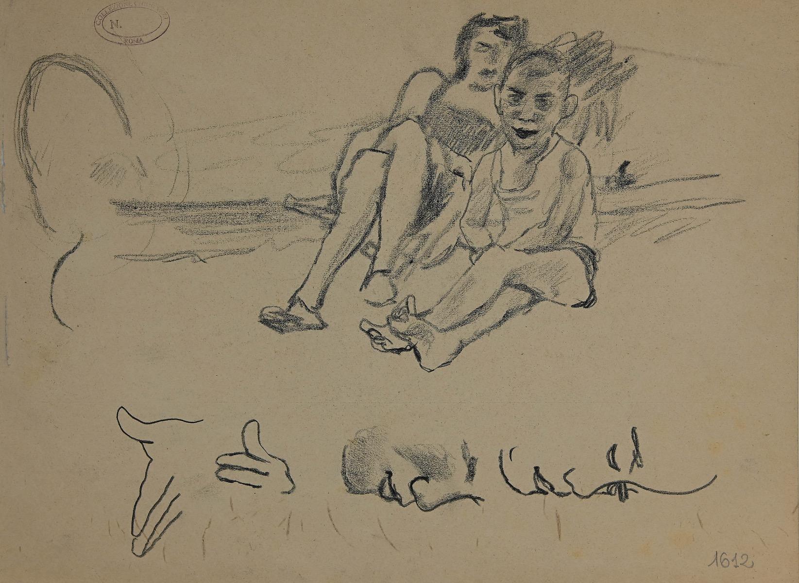Figures - Pencil Drawing by Mino Maccari - Mid-20th Century For Sale 1