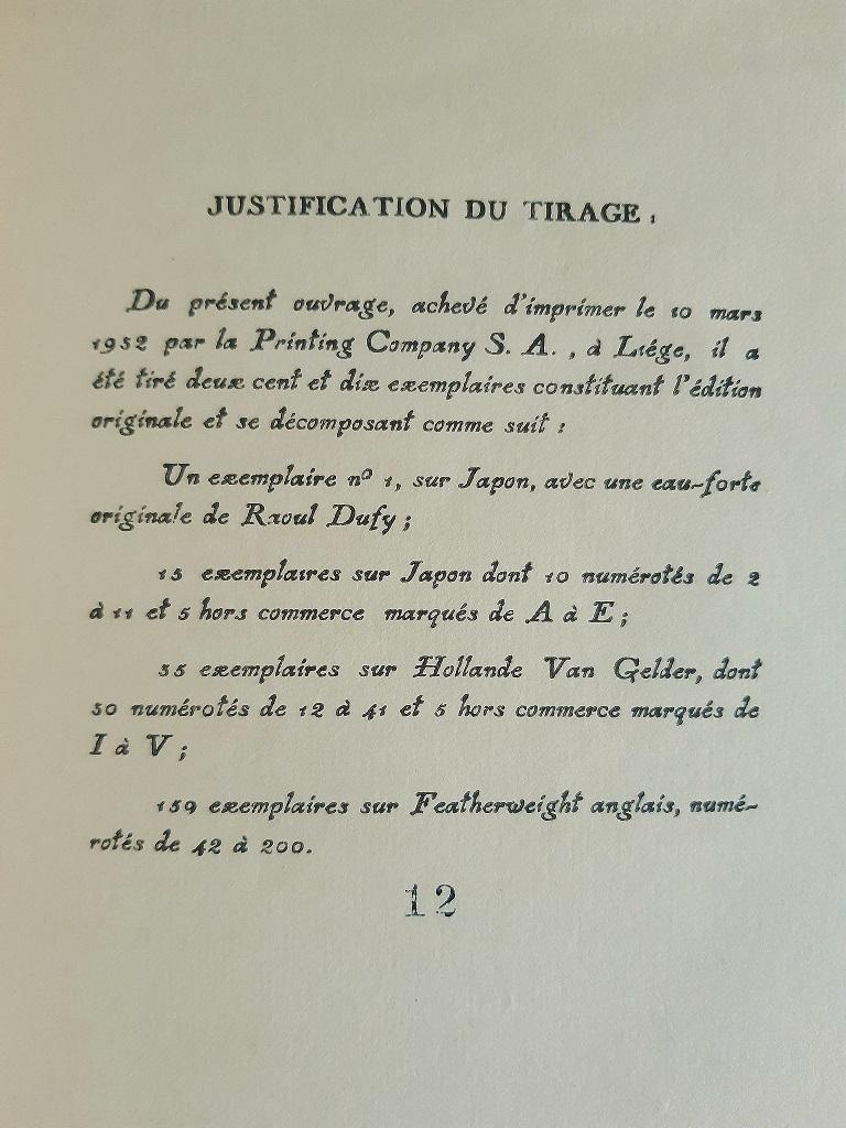 Suite Montagnarde is an original modern rare book illustrated by Raoul Dufy (Le Havre, 1877 – Forcalquier, 1953) with original woodcuts and written by Pierre Courthion (1902-1988)..

Published by Editions Lumière, Antwerpen, in 1932.

Original