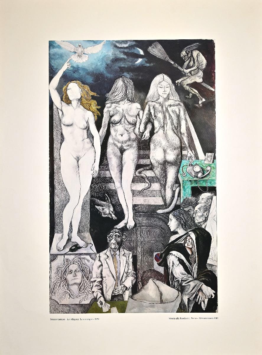 Lies - From The Allegories is a mixed colored offset print by the Sicilian artist Renato Guttuso. 

This print was realized on the occasion of the exhibition held in Rondanini Gallery in Rome in 1981 and reproduced the artwork that the artist