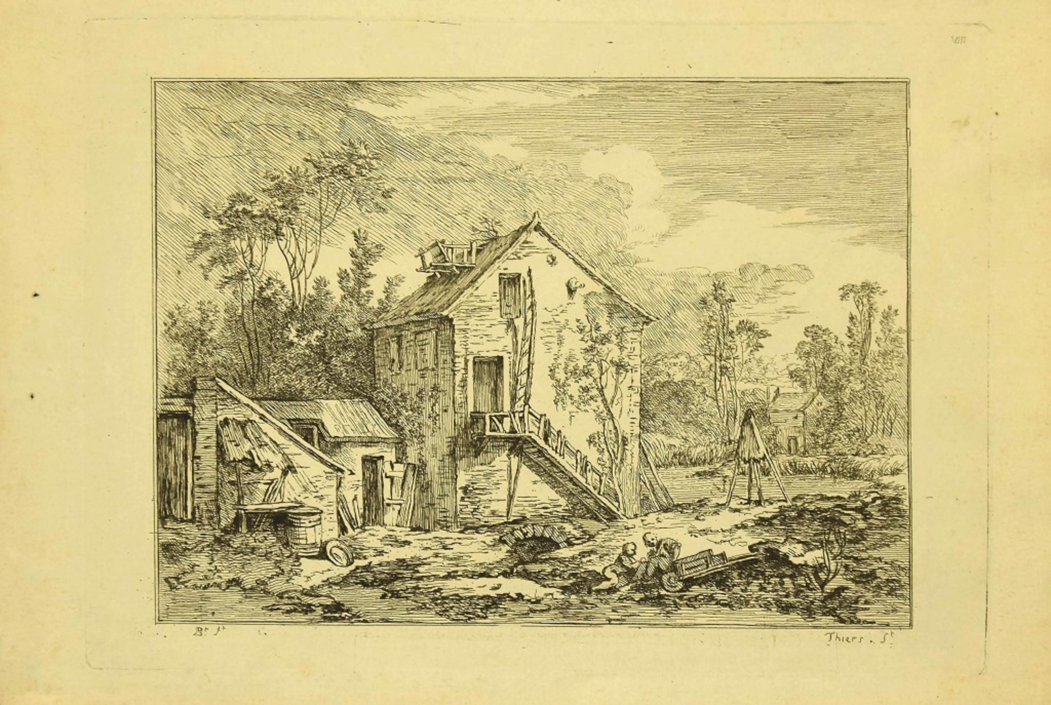 Landscape Print Baron De Thiers - Maisons de campagne - gravure originale du baron De Thiers - années 1760