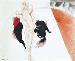 Standing Nude - Original Ink Drawing and Watercolor - 1970s